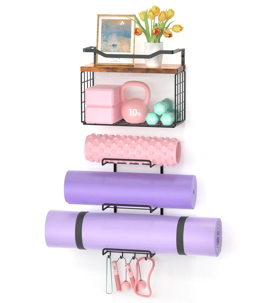 Yoga Mat Holder Wall Mount Yoga Accessory Mats Storage Rack  Home Gym Accessories Organizer Storage With Wood Floating Shelves Storage Basket and 4 Hook For Hanging Yoga Strap & Resistance Bands