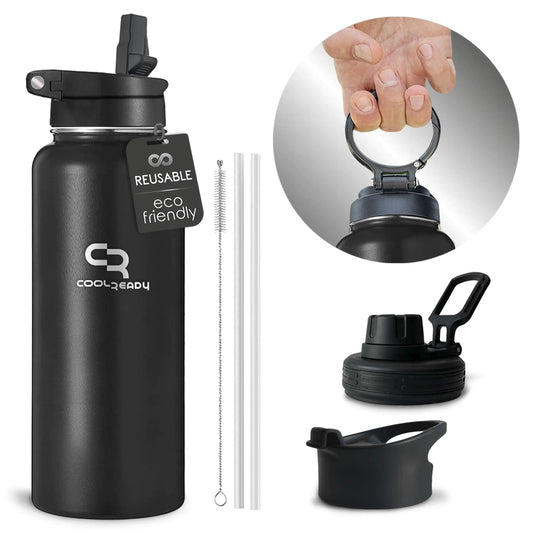 COOLREADY Water Bottle 40oz with Straw Lid Chug Lid and Coffee Lid Double Walled Wide Mouth Water Bottle Workout Water Bottles for Men and Women Coffee Thermos Black Water Bottle – (Black 40oz)
