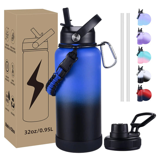 CoolSub Insulated Water Bottle 32 oz Stainless Steel Wide Mouth Water Bottles with 2 Leak Proof Lid and Paracord Handle Double Wall Vacuum Insulated Sports Water Bottle Blue Black