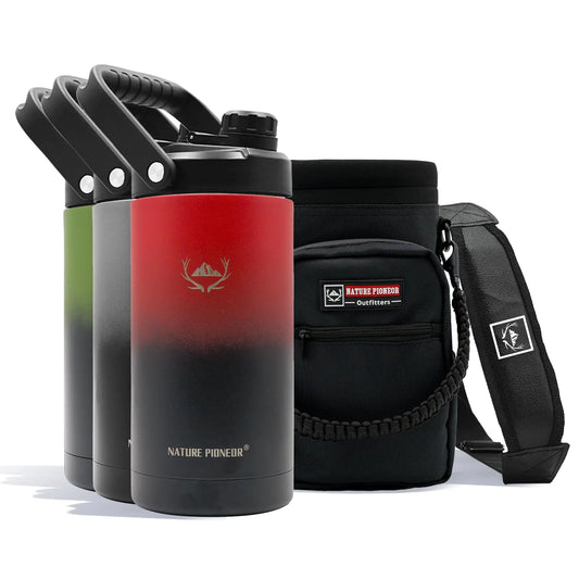 NATURE PIONEOR Insulated Water Bottles with Strap - 64 oz Stainless Steel Vacuum Wide Mouth Water Bottle with Holder/Carrier/Sleeve - Reusable 18/8 Food Grade Thermos Water Jug