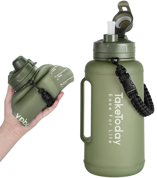 TakeToday 68 oz Collapsible Water Bottles with Straw Half Gallon Water Bottle with Motivational Time Marker Large Reusable Silicone Water Jug with Paracord Handle for Sports Outdoors (Black)