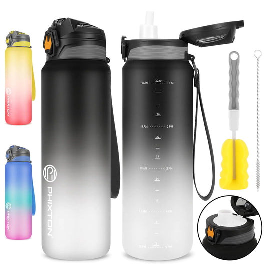 PHIXTON 32 OZ Water Bottle With Removable Straw Time Maker 1L BPA Free Thick Tritan Plastic Leak Proof Waterbottle tracker Motivational Measured Sports Flip Top Jugs 32oz For Drinking