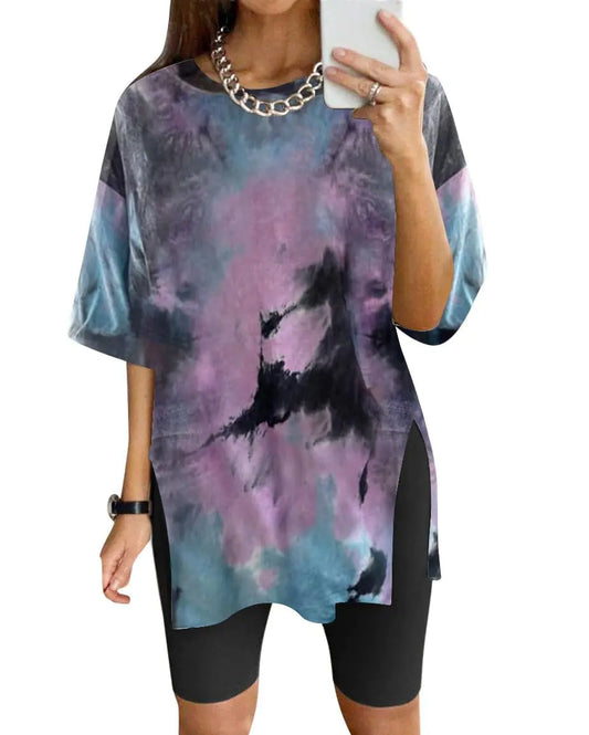 Tarotong Womens Oversized Tshirts Workout Gym Shirts Tie Dye Tee Shirt Slit Plus Size Top 04-Tiedye L