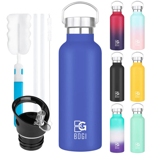 BOGI 20oz Insulated Water Bottle Wide Mouth Stainless Steel Water Bottles Leakproof Metal Water Bottle with Straw and Handle BPA Free Steel Water Bottle for School Fitness Outdoor Sports-Dark blue